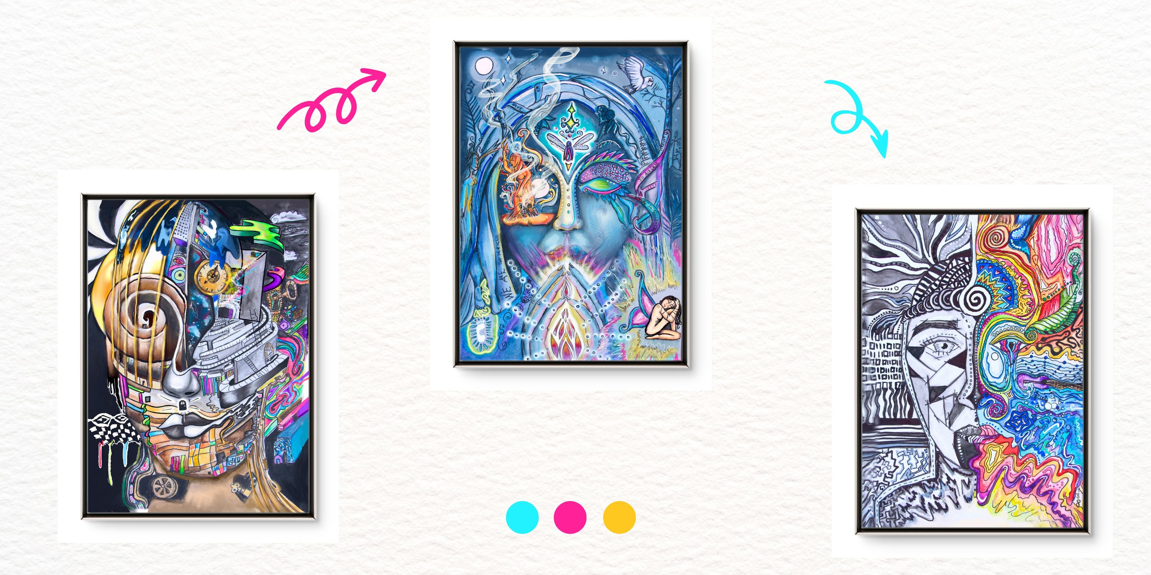 Three colorful abstract artworks on a white background with color swatches and icons.
